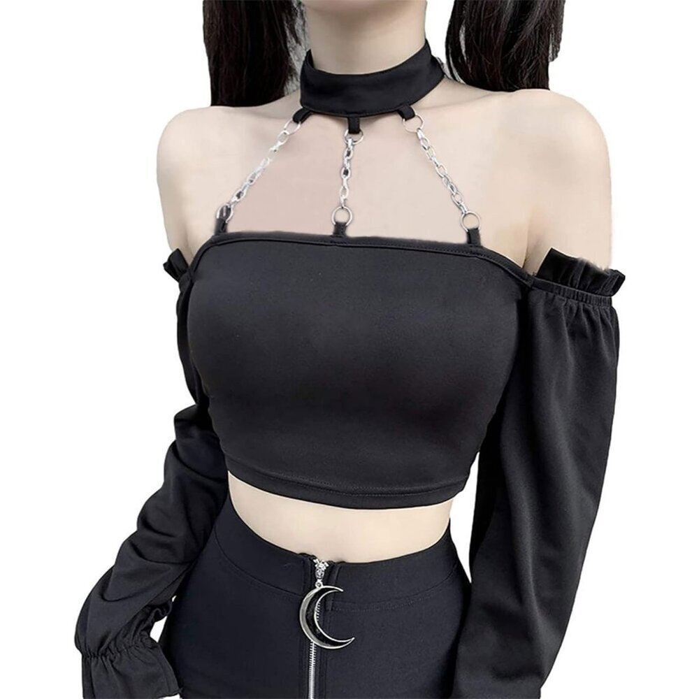 Dark Punk Crop Top with Chains Women Off Shoulder Long Sleeve Solid - Picture 4 of 6
